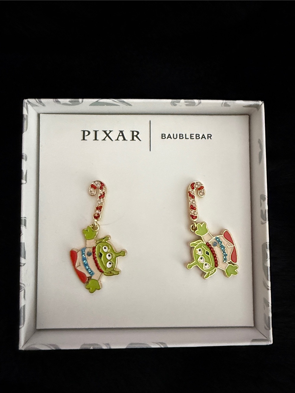 Pixar BaubleBar Toy Story Alien Candy Cane Hanging Christmas Earrings